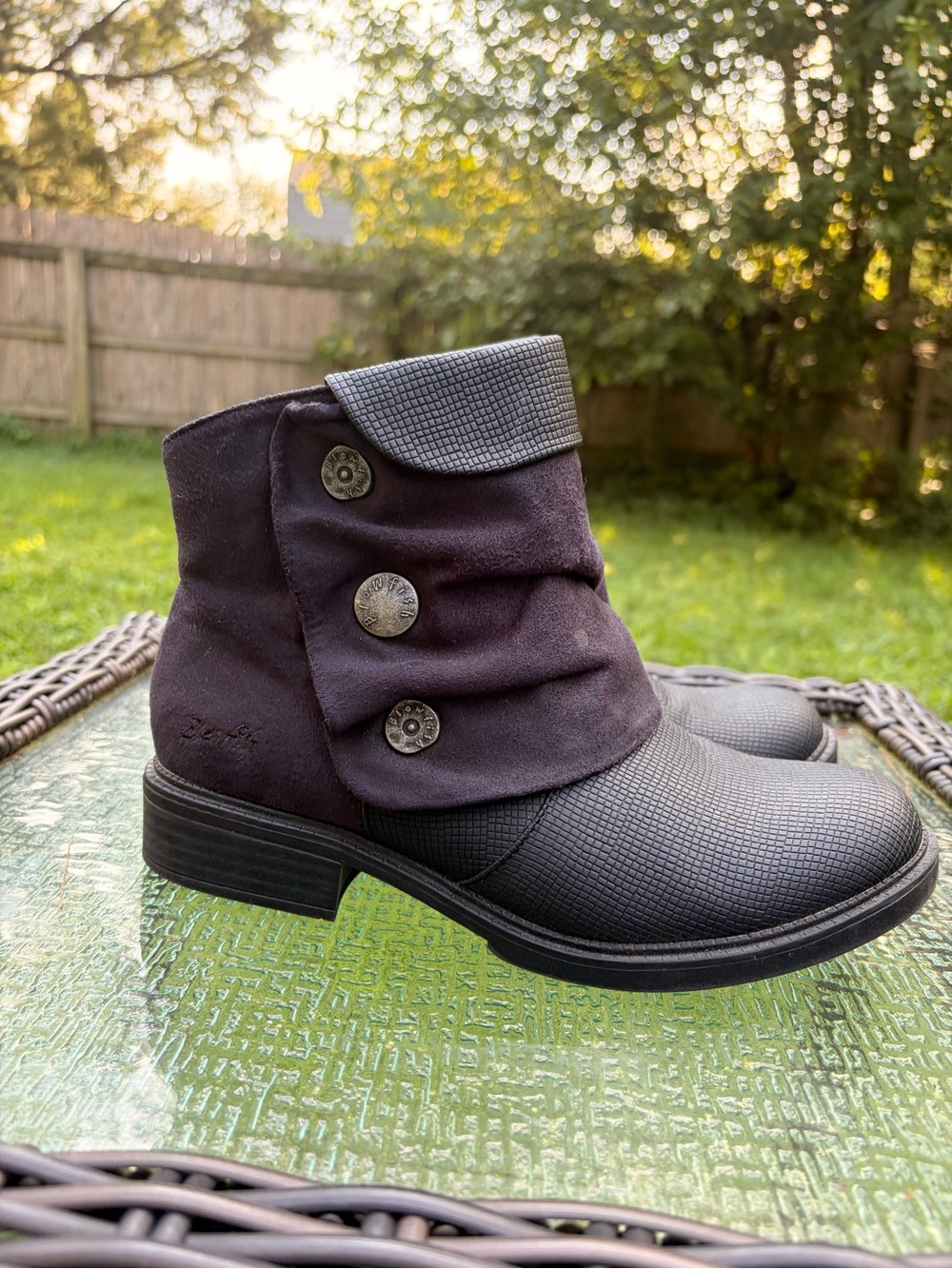 Blowfish Fold-Over Ankle Boots in Dark Purple and Black